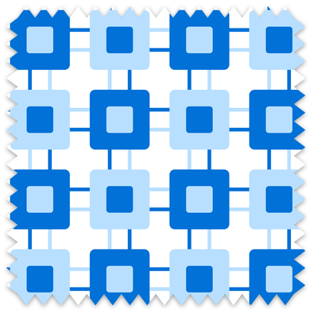 The artwork is a geometric pattern composed of interlocking squares in varying shades of blue. Larger squares alternate between a medium blue and a lighter blue, each containing smaller squares of contrasting shades inside them. Thin horizontal and vertical lines connect the larger squares, forming a grid-like structure on a white background. The pattern is repetitive and symmetrical, creating a rhythmic and balanced visual effect.